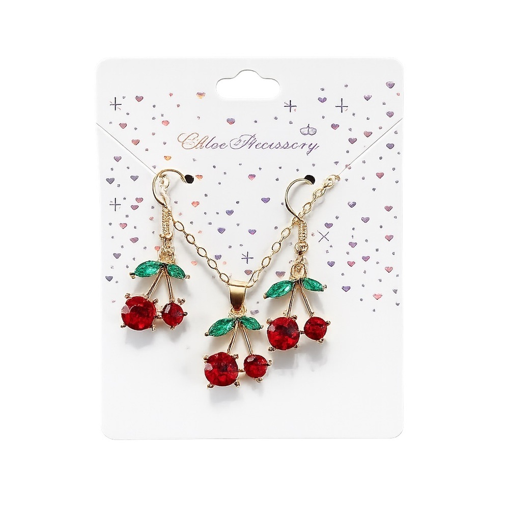 Ⓜ️Cherry Crystal Jewelry Set Necklace & Earrings Gold Tone NWT